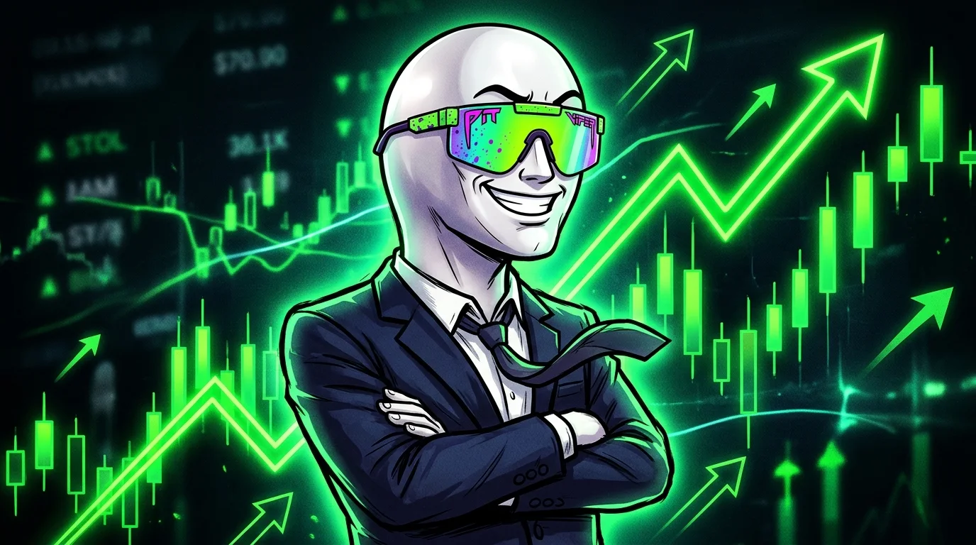 StonkFunBot mascot — the Stonks man in a suit and neon pit-viper shades, in front of a rising candle chart